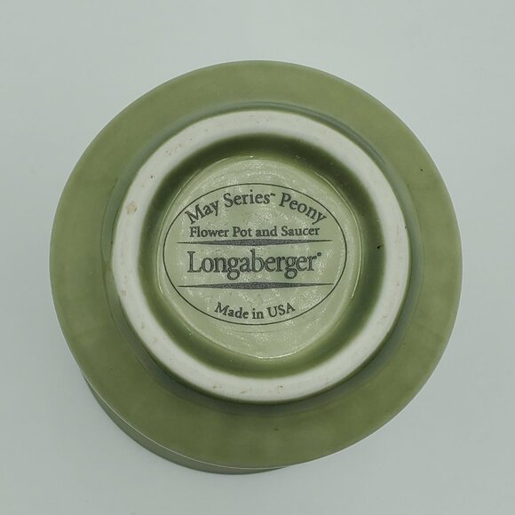 Longaberger Pottery Sage Green May Series Peony Flower Pot with Attached Saucer - Picture 7 of 8